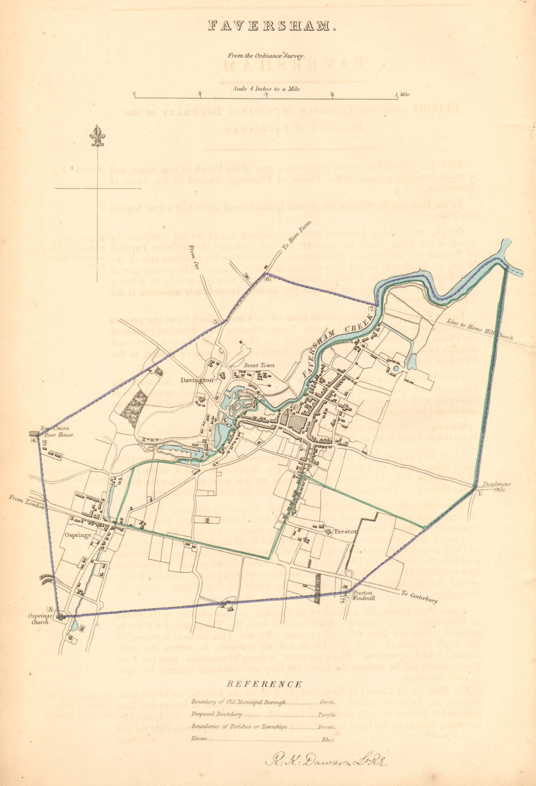 FAVERSHAM borough/town plan. BOUNDARY COMMISSION. Kent. DAWSON 1837 old map